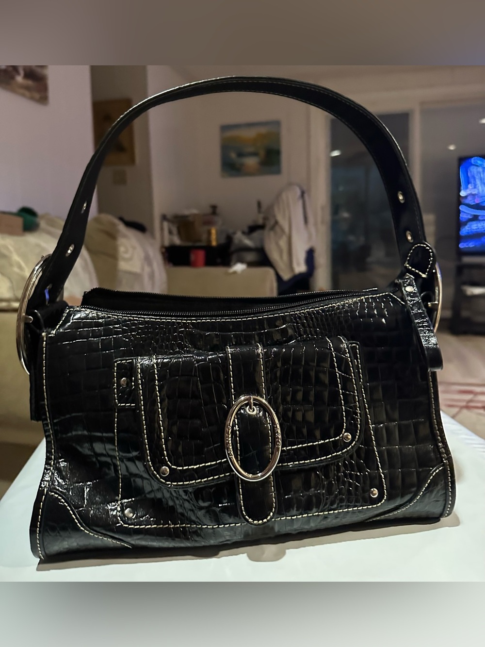 Black Croc-Embossed Shoulder Bag with Silver Hardware Franco Sarto